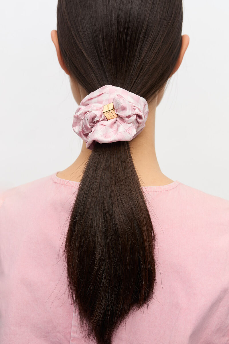Pink Gingham Scrunchie, Recycled Polyester, in colour Bleached Mauve - 1 - GANNI