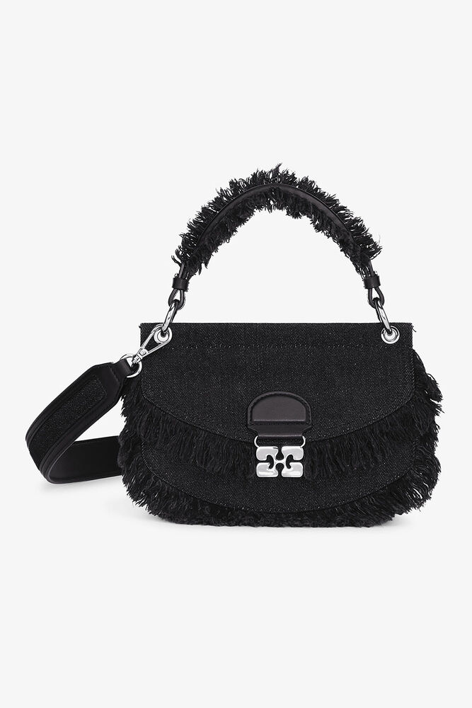 Black Denim Mini Top Handle Apo-G Bag, Black