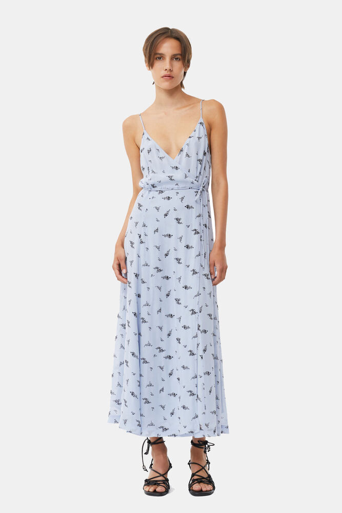 Printed Georgette Strap Wrap Dress, Brunnera Blue