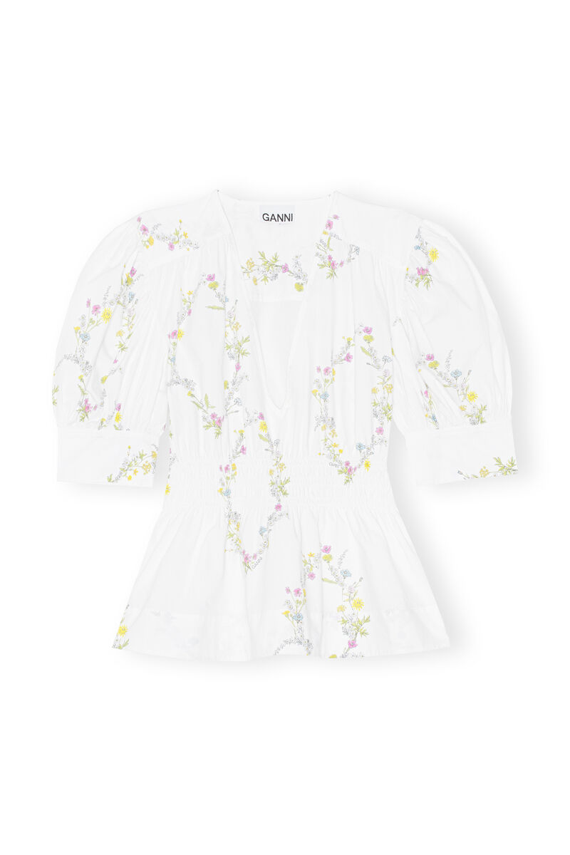 Poplin V-Neck Shirt, Cotton, in colour Floral Shape Bright White - 1 - GANNI