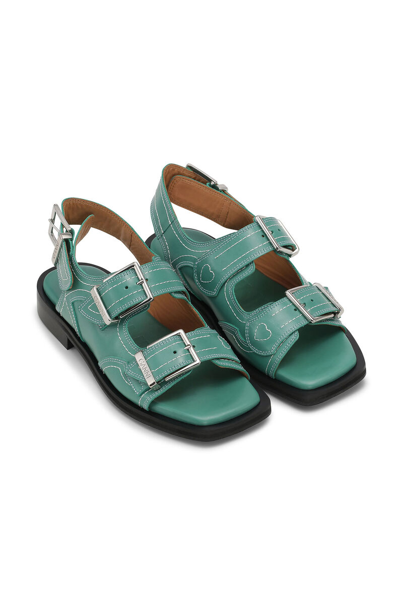 Embroidered Western Sandals, Calf Leather, in colour Bottle Green - 3 - GANNI