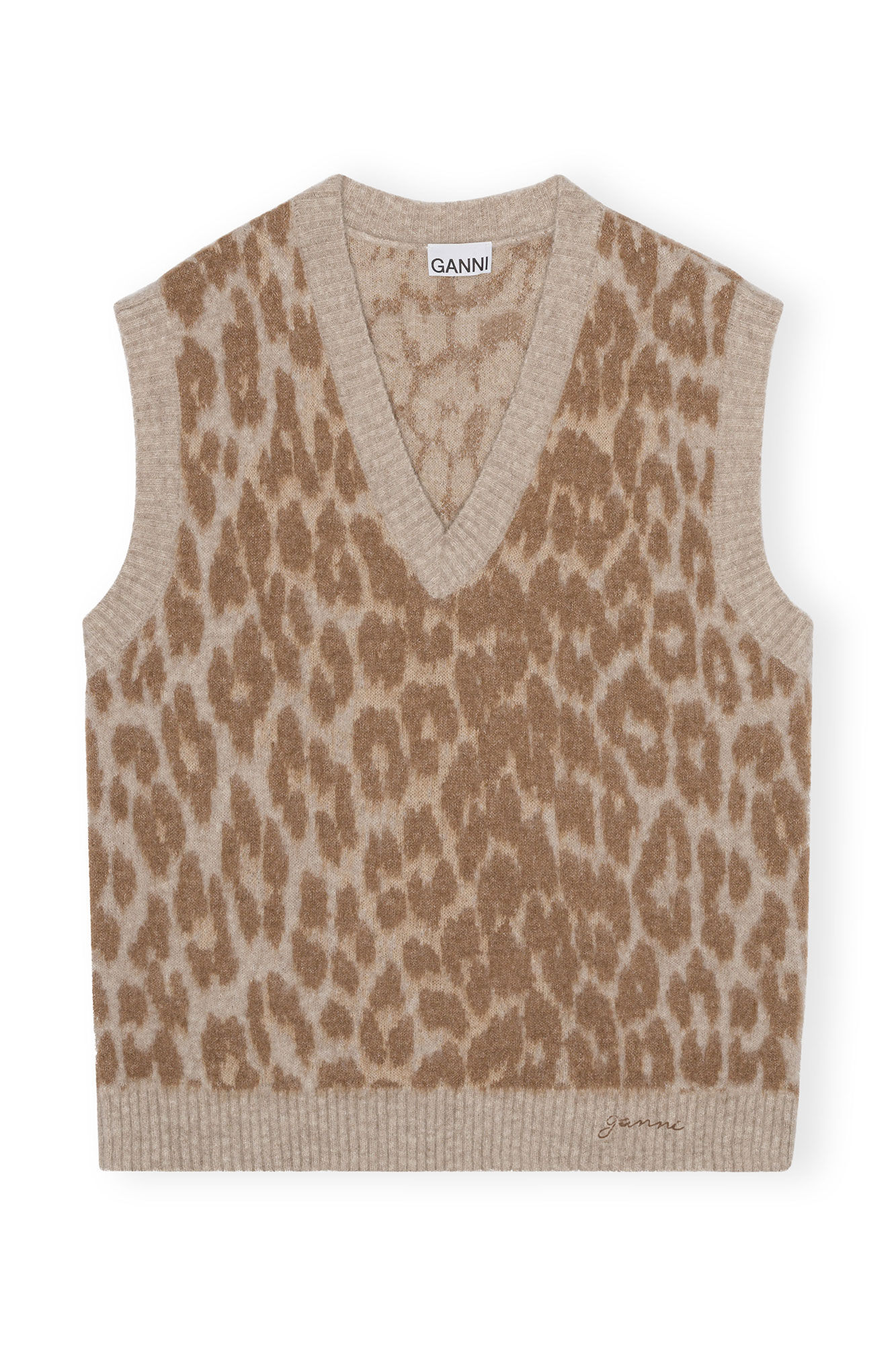 Leopard Jacquard Oversized Vest, Alpaca, in colour Timber Wolf - 1 - GANNI