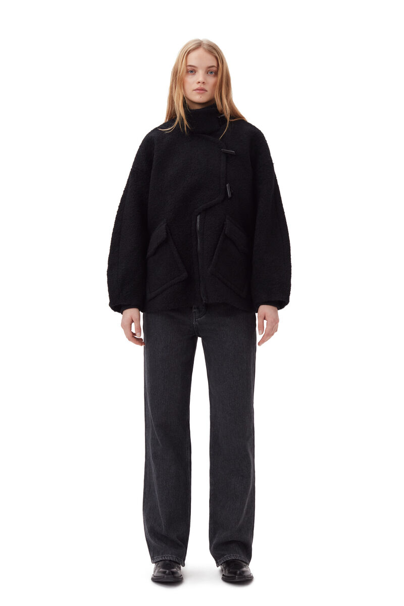 Black Boucle Wool Shoulder Jacket, Polyester, in colour Black - 2 - GANNI