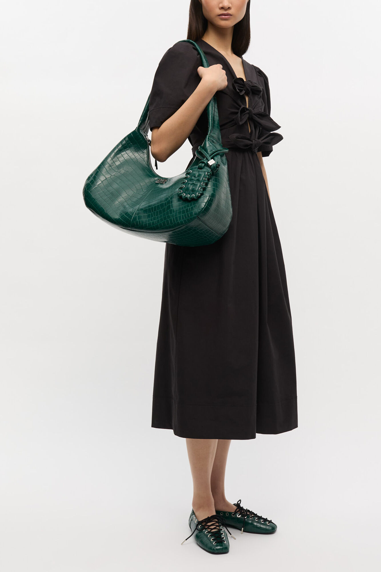 Green Croco Medium Hobo Bag, Recycled Leather, in colour Pineneedle - 1 - GANNI