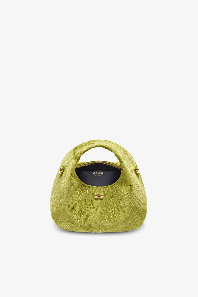 Velvet Moire Mini Hobo Bag, Recycled Polyester, in colour Spinach Green - 3 - GANNI