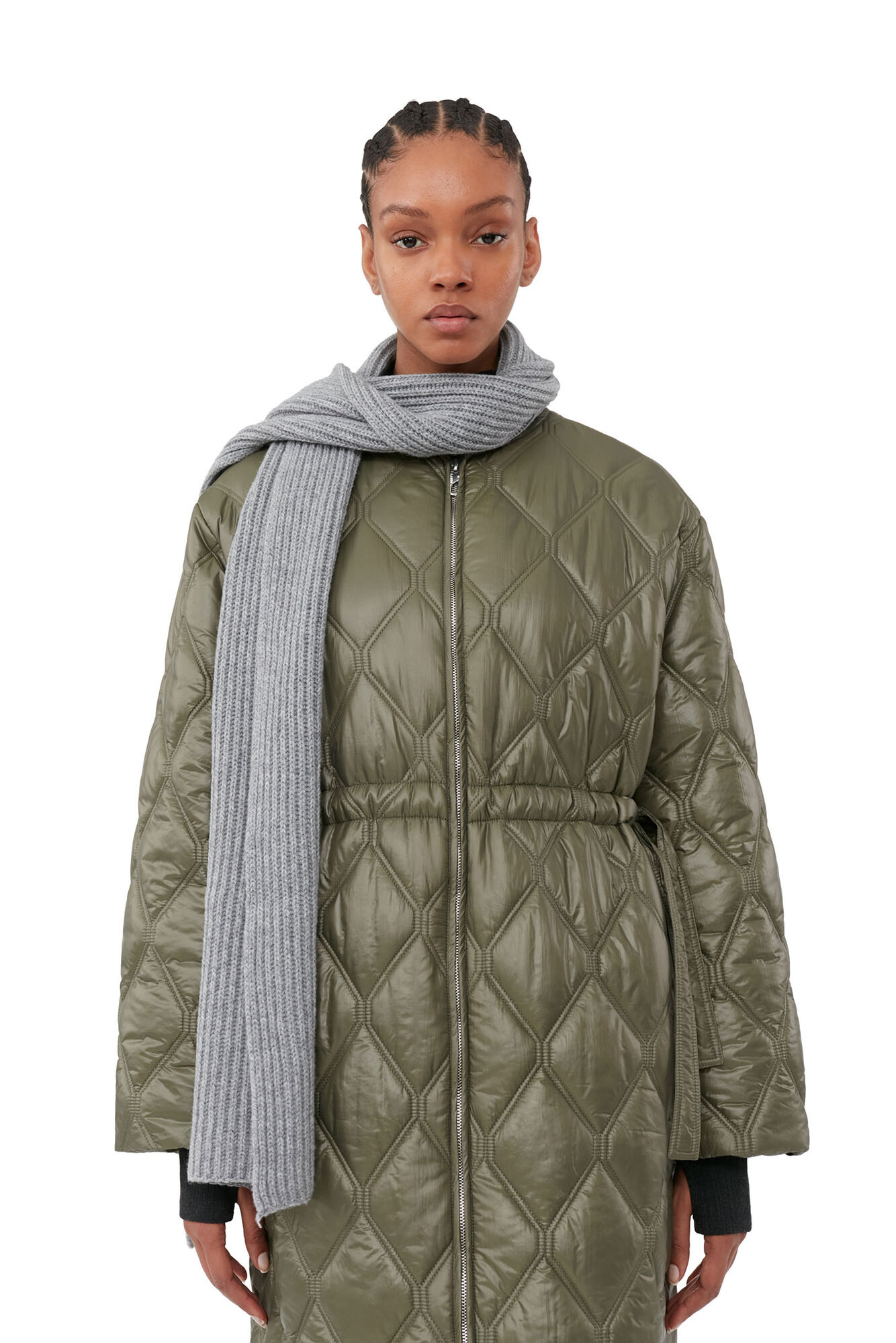 Grüner, glänzender, langer Steppmantel, Nylon, in colour Kalamata - 4 - GANNI