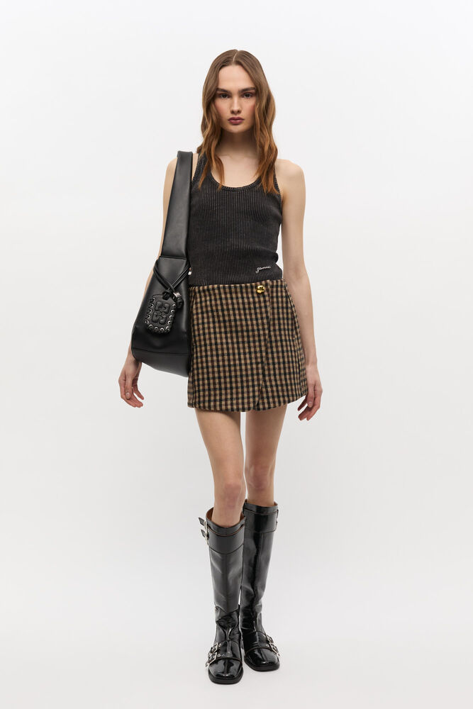 Check Wool Mini Skirt, Chicory Coffee