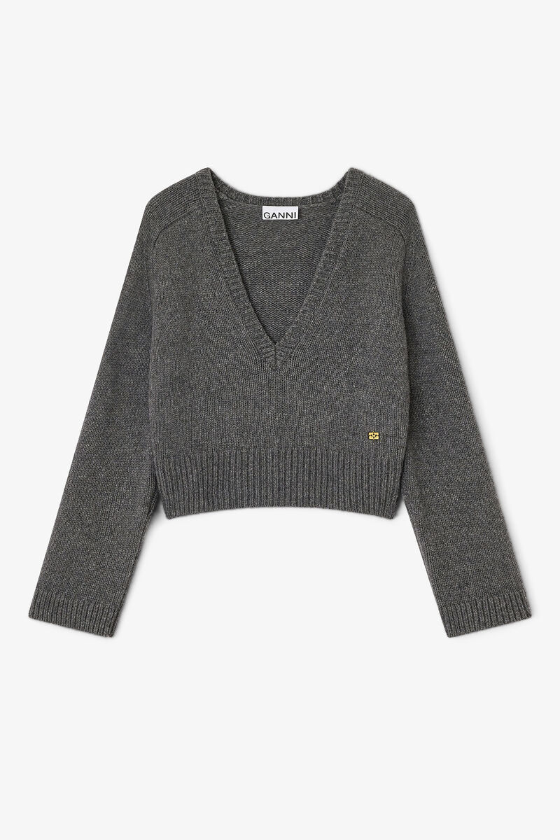 Dark Grey V-neck Jumper, Wool, in colour Phantom - 1 - GANNI