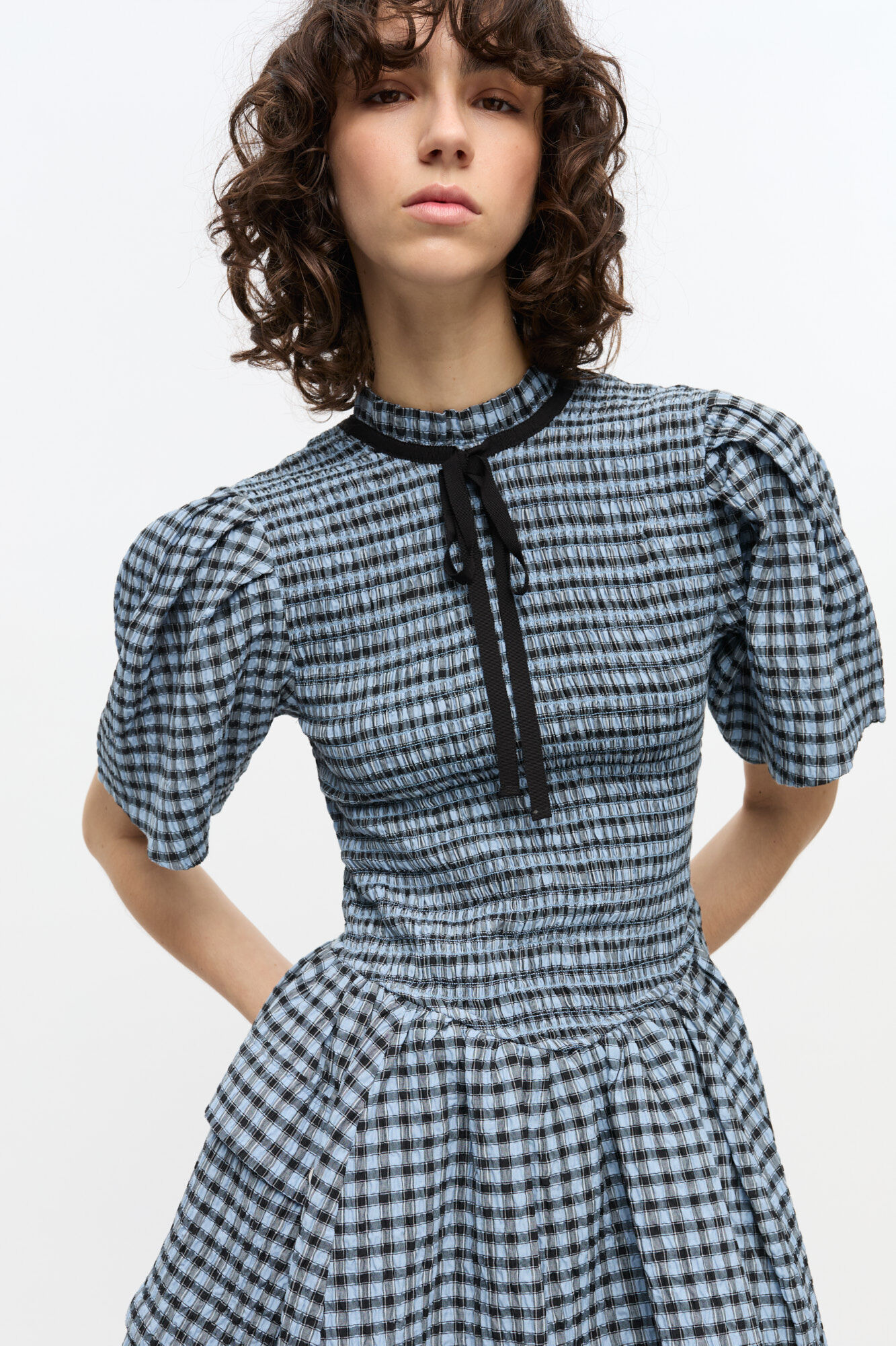 Blue Seersucker Check Mini Smock Dress, Elastane, in colour Soft Chambray - 3 - GANNI