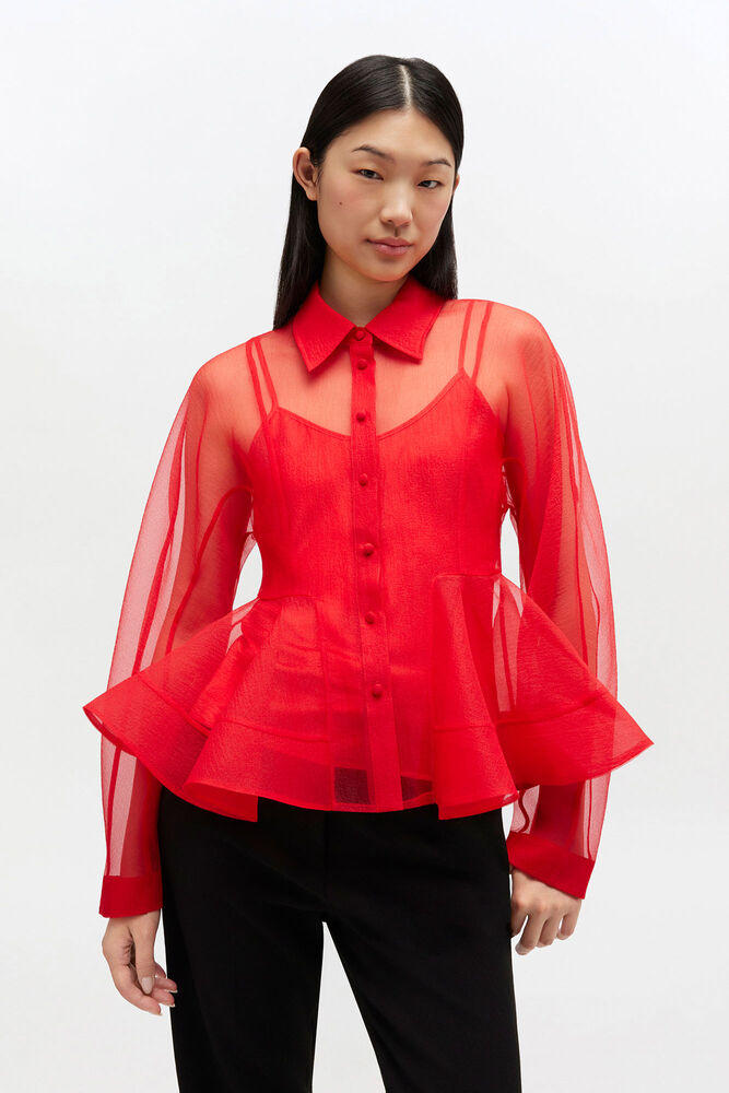 Red Organza Peplum Shirt, Mars Red