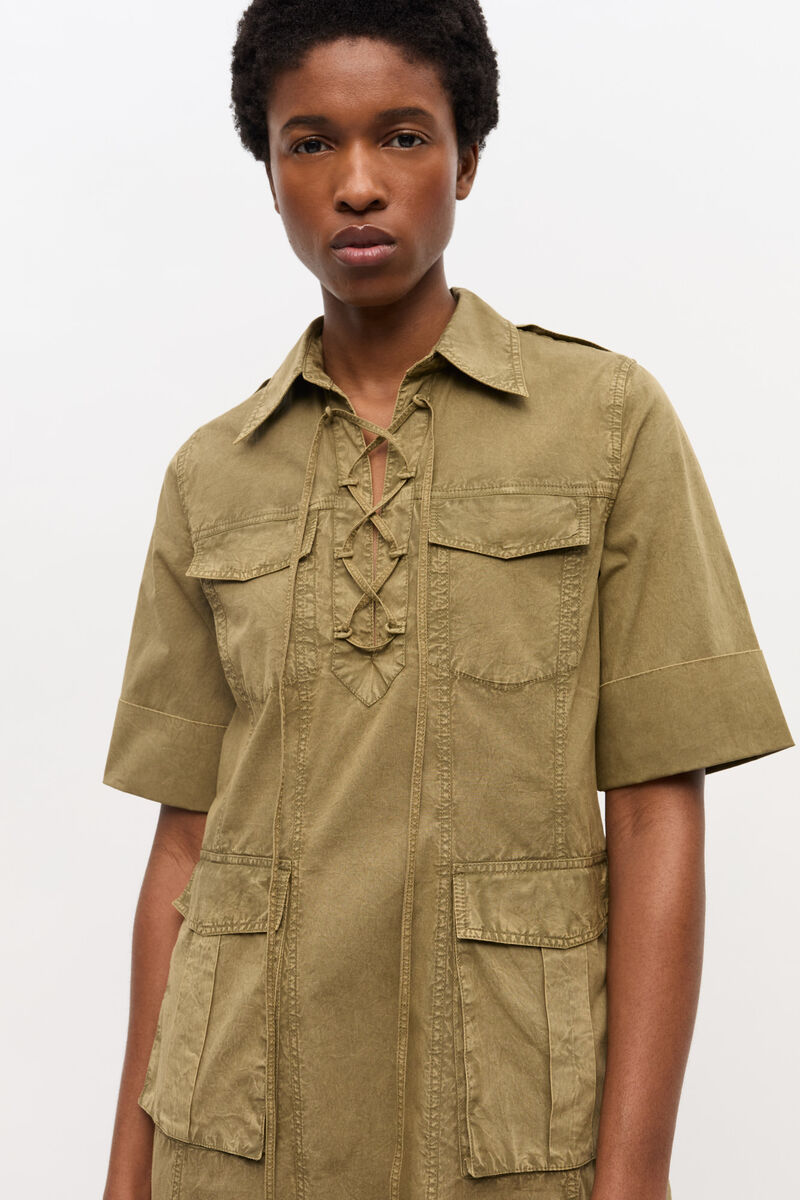Green Washed Cotton Dress, Elastane, in colour Boa - 3 - GANNI