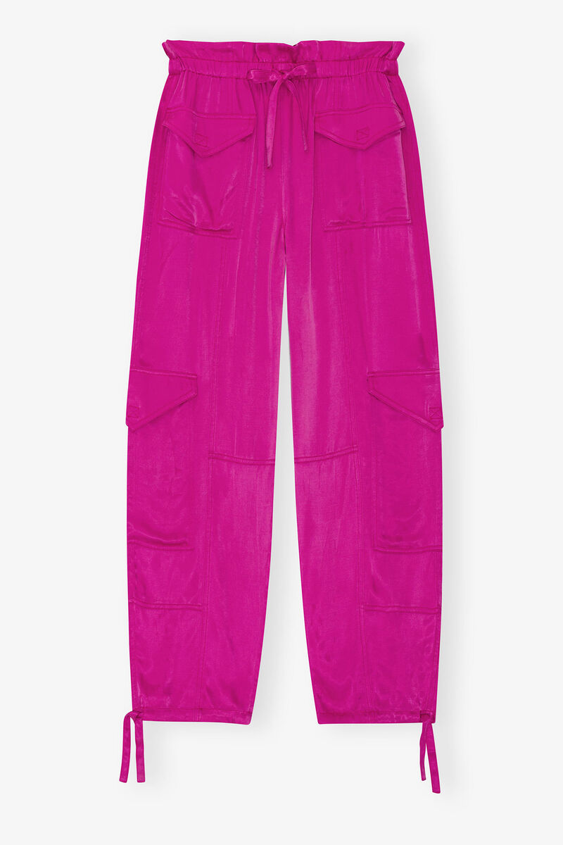 Byxor i tvättad satin med fickor, Cupro, in colour Fuchsia Red - 1 - GANNI