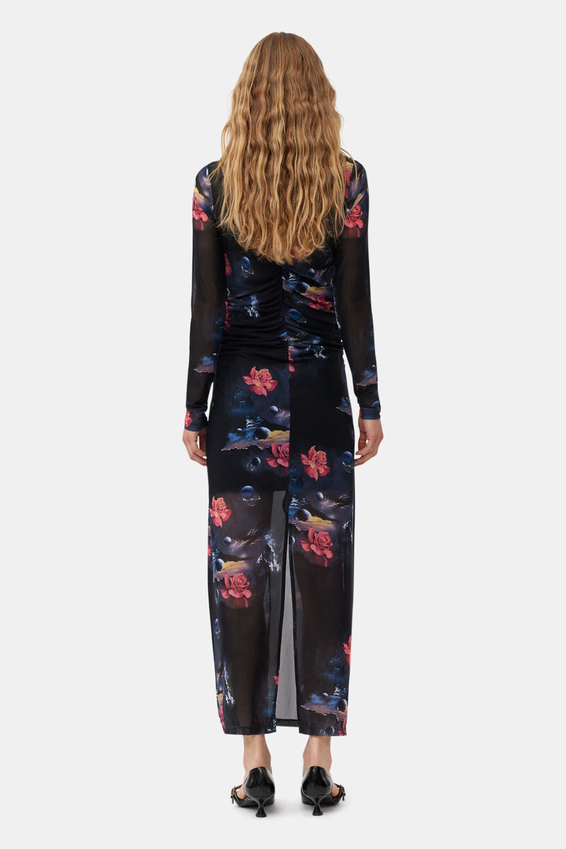 Black Printed Mesh O-neck Ruched Long Kleid | GANNI DE 