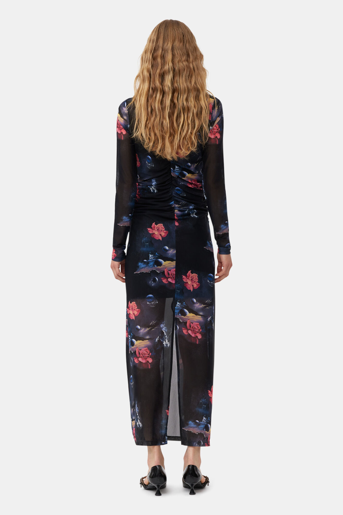Black Printed Mesh O-neck Ruched Long Kleid | GANNI DE