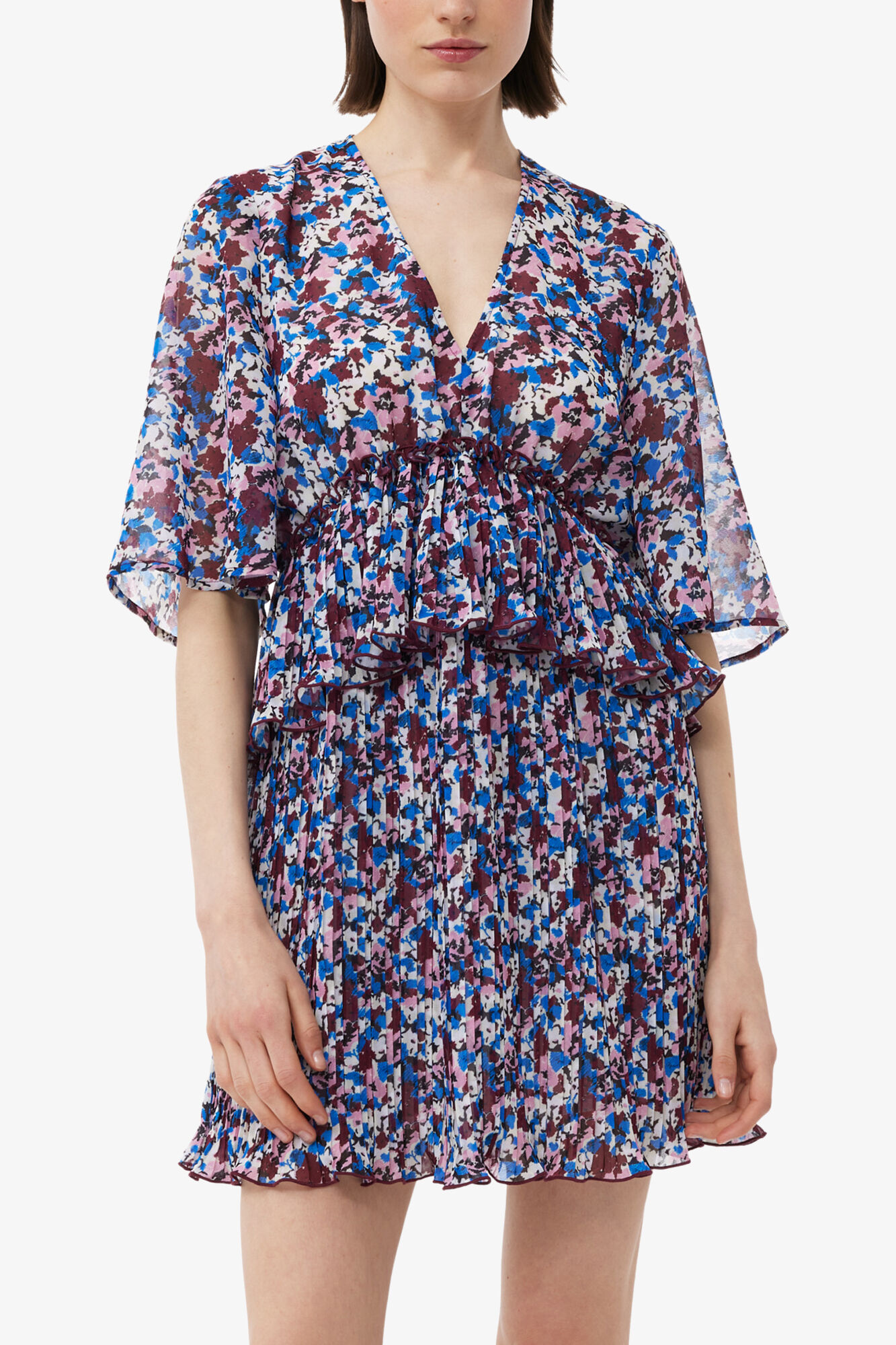 Multicolour Pleated Georgette V-neck Flounce Mini Dress | GANNI FI