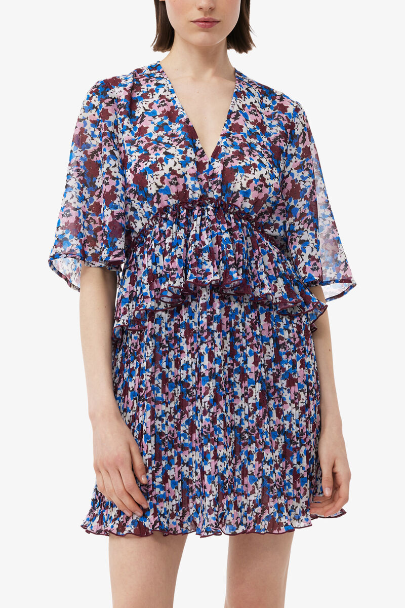 Multicolour Pleated Georgette V-neck Flounce Mini Dress, Recycled Polyester, in colour Multicolour - 4 - GANNI