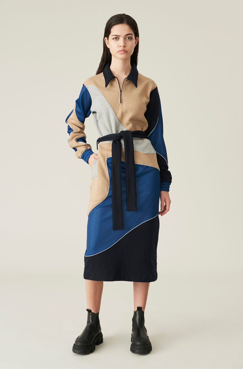 Isoli Patchwork Dress, Cotton, in colour Cloudburst - 1 - GANNI