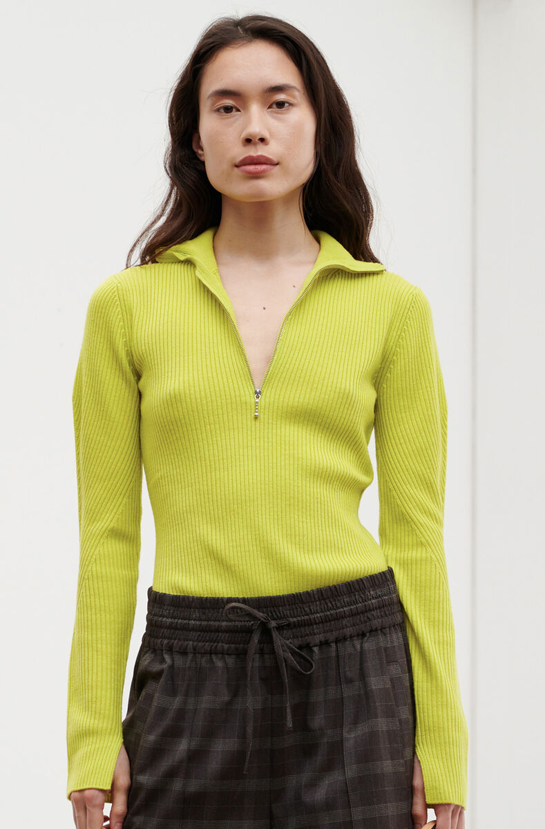 Merino Ribs Half Zip Pullover, Merino Wool, in colour Lime Popsicle - 1 - GANNI
