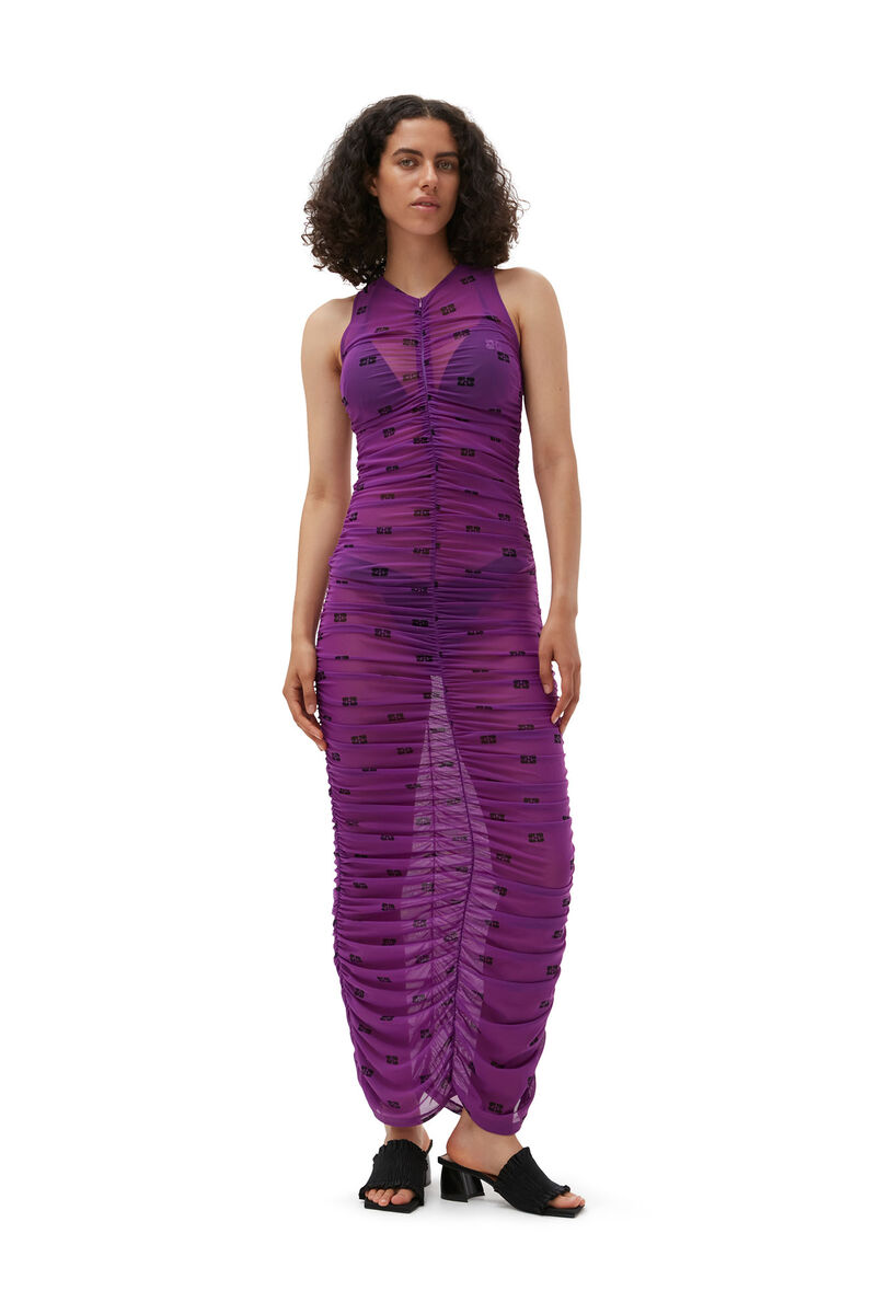 Printed Mesh Ruched Sleeveless Long Dress, Elastane, in colour Sparkling Grape - 9 - GANNI