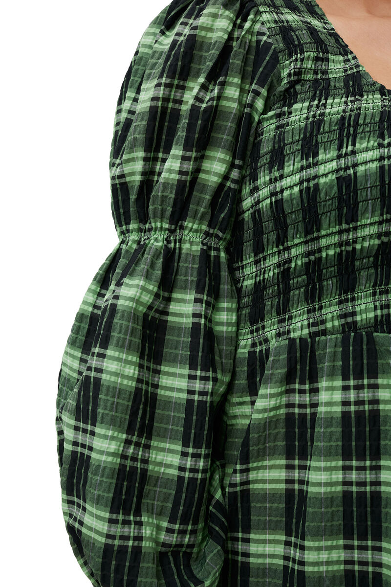 Green Seersucker Check Maxi Smock Dress, Organic Cotton, in colour Peapod - 4 - GANNI