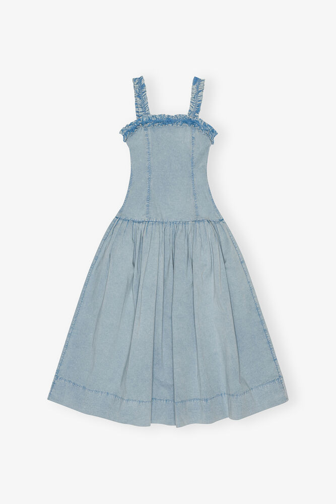 Blue Washed Stretch Cotton Corset Dress, Soft Chambray