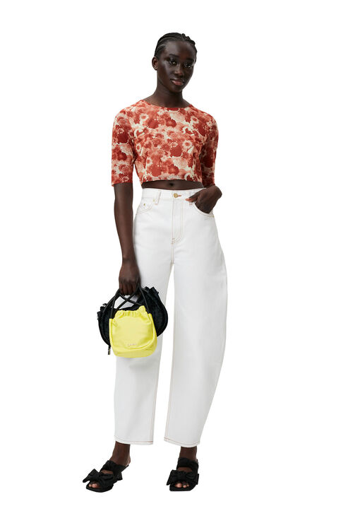 Ganni Short Sleeve Orange Printed Mesh Cropped T-shirt Women's Size 6 Recycled Nylon/spandex