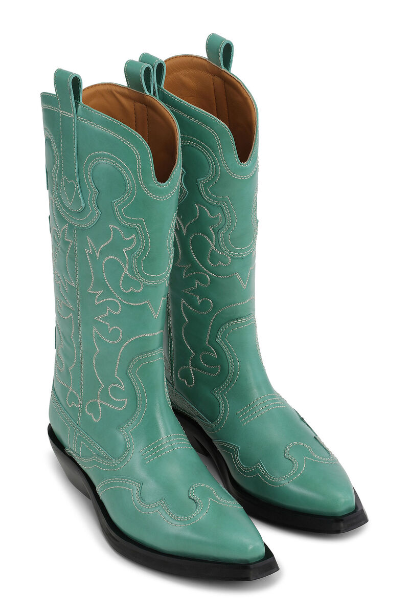 Black/White Mid Shaft Embroidered Western Boots, Calf Leather, in colour Kelly Green - 3 - GANNI