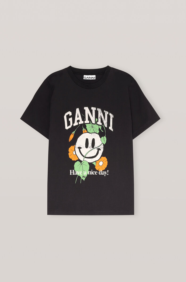 Basic Cotton Jersey T-shirt, Smiley Flower, Phantom, Cotton, in colour Phantom - 1 - GANNI