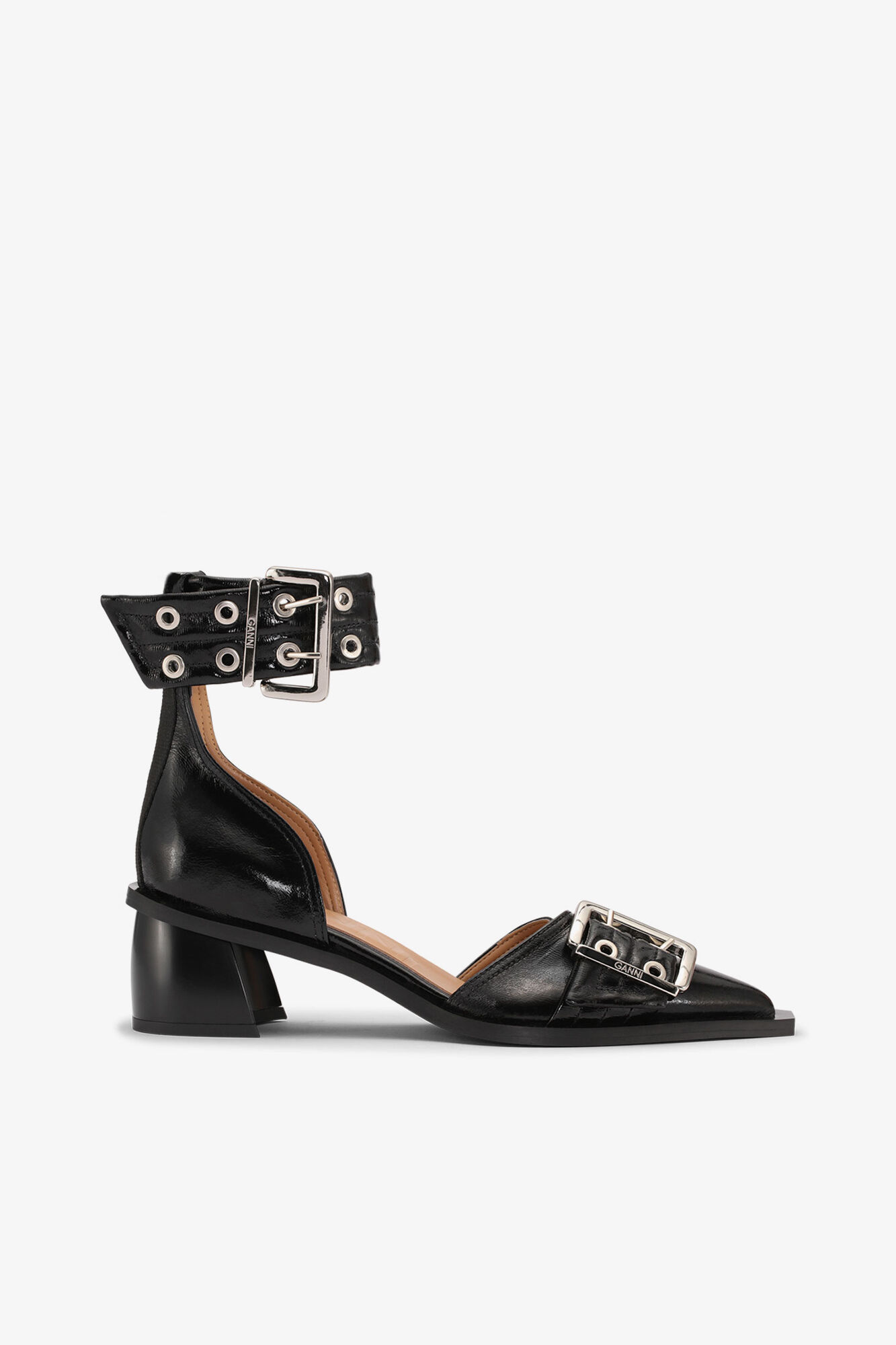 Black Feminine Buckle Open Cut Pumps, Recycled Polyester, in colour Black - 3 - GANNI