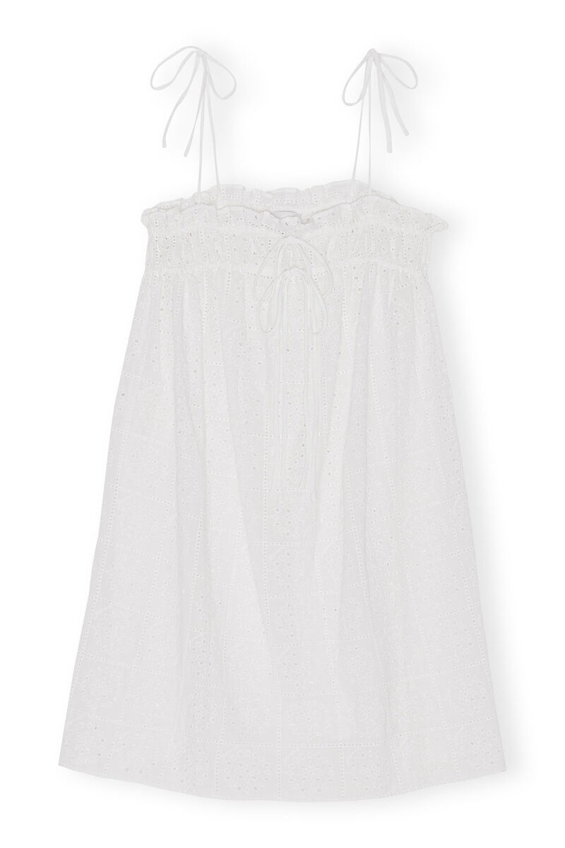 Vit bandklänning i broderie anglaise, Cotton, in colour Bright White - 1 - GANNI