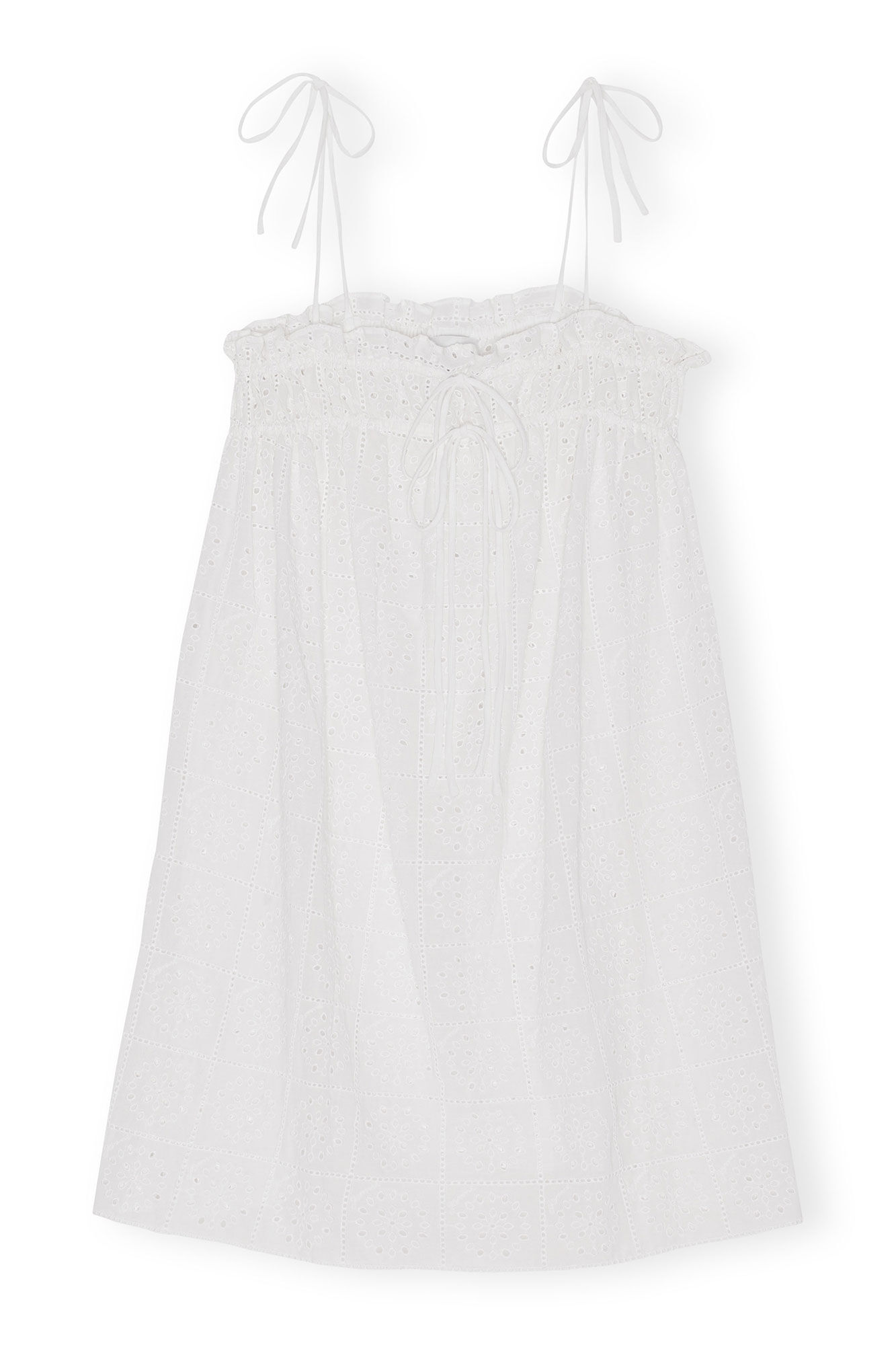 White Broderie Anglaise Strap Dress, Cotton, in colour Bright White - 1 - GANNI