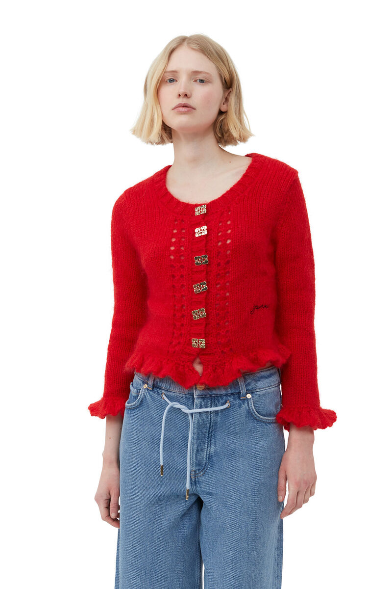 Red Mohair Cardigan, Merino Wool, in colour Racing Red - 4 - GANNI