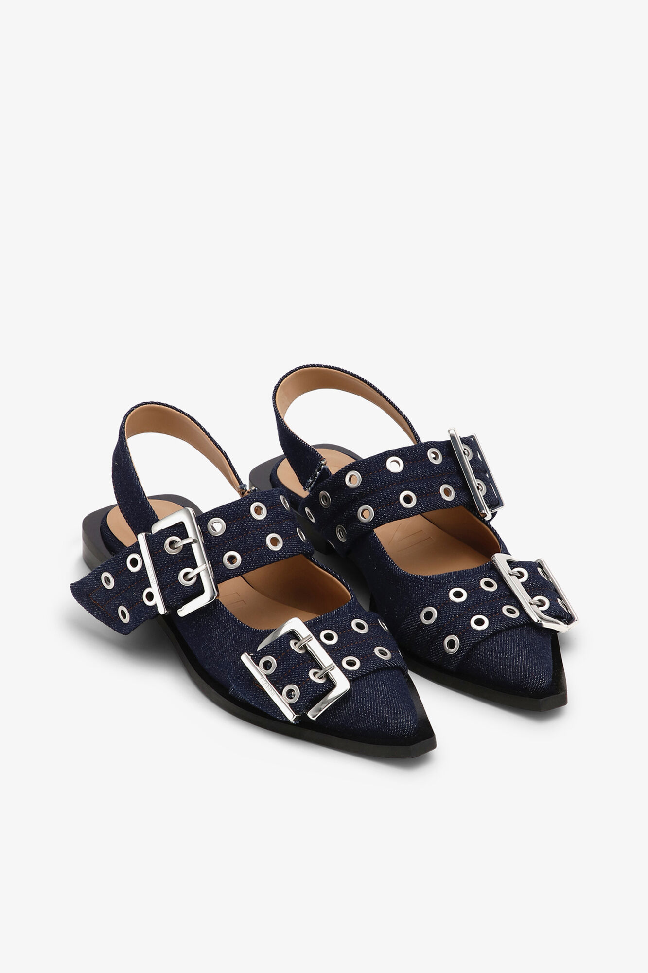 Denim Feminine Buckle Ballerinas, Recycled Cotton, in colour Dark Navy - 2 - GANNI