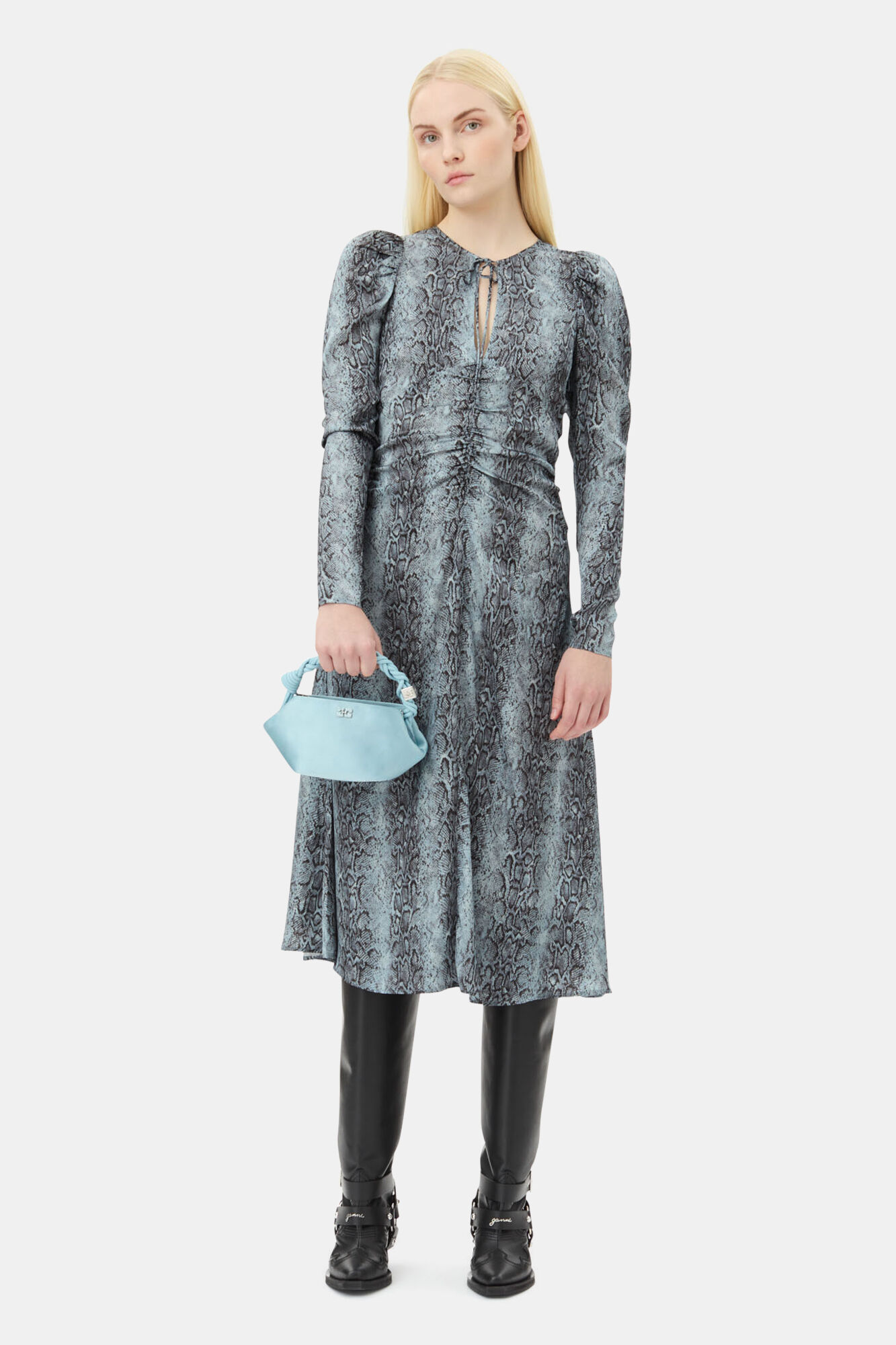 Blue Snake Print Ruched Midi Dress, Spandex, in colour Celestial Blue - 1 - GANNI
