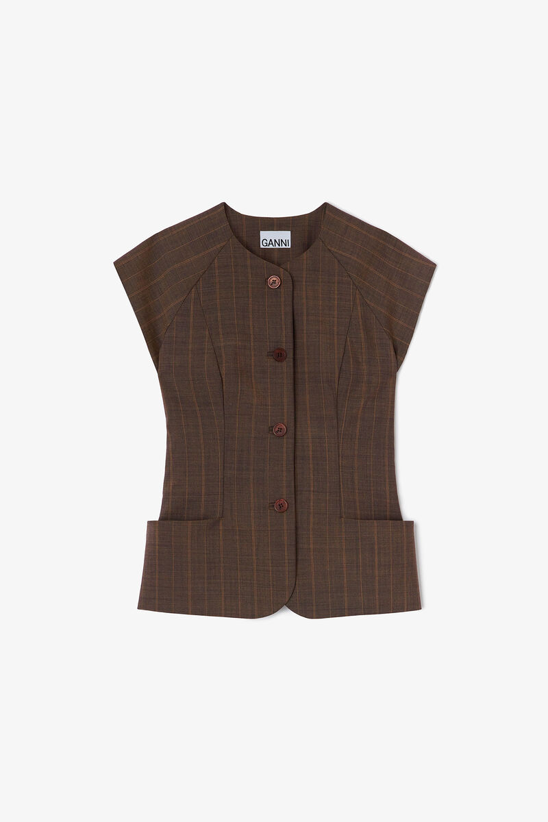 Blouse in Brown Pinstripe Wool, Wool, in colour Rain Drum - 1 - GANNI