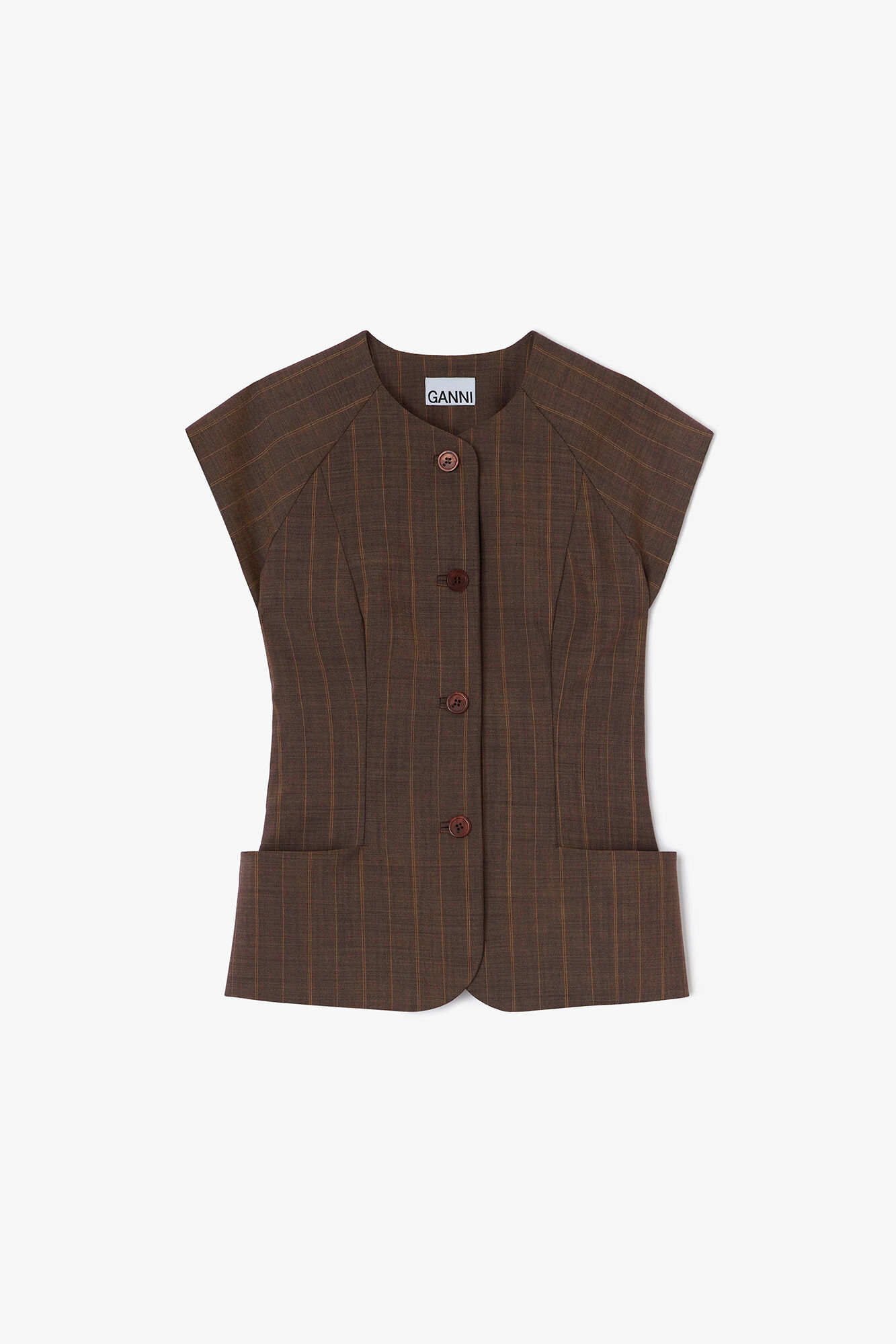 Blouse in Brown Pinstripe Wool, Wool, in colour Rain Drum - 1 - GANNI