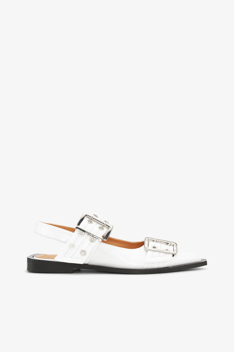 White Wide Welt Buckle Ballerinas, Calf Leather, in colour Egret - 1 - GANNI