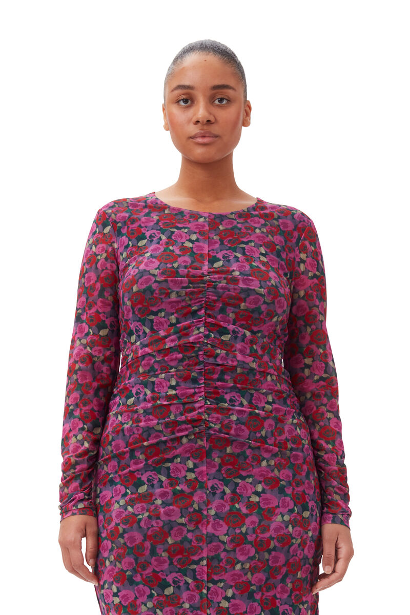 Floral Mesh Long Sleeve Midi klänning, Recycled Nylon, in colour Fiji Flower - 6 - GANNI