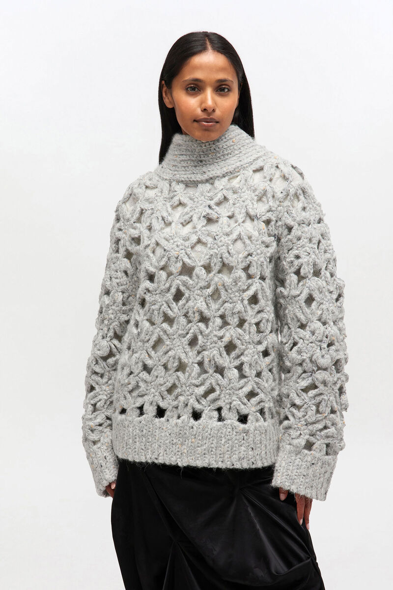 Grey Flower Crochet Sweater, Elastane, in colour Paloma - 1 - GANNI