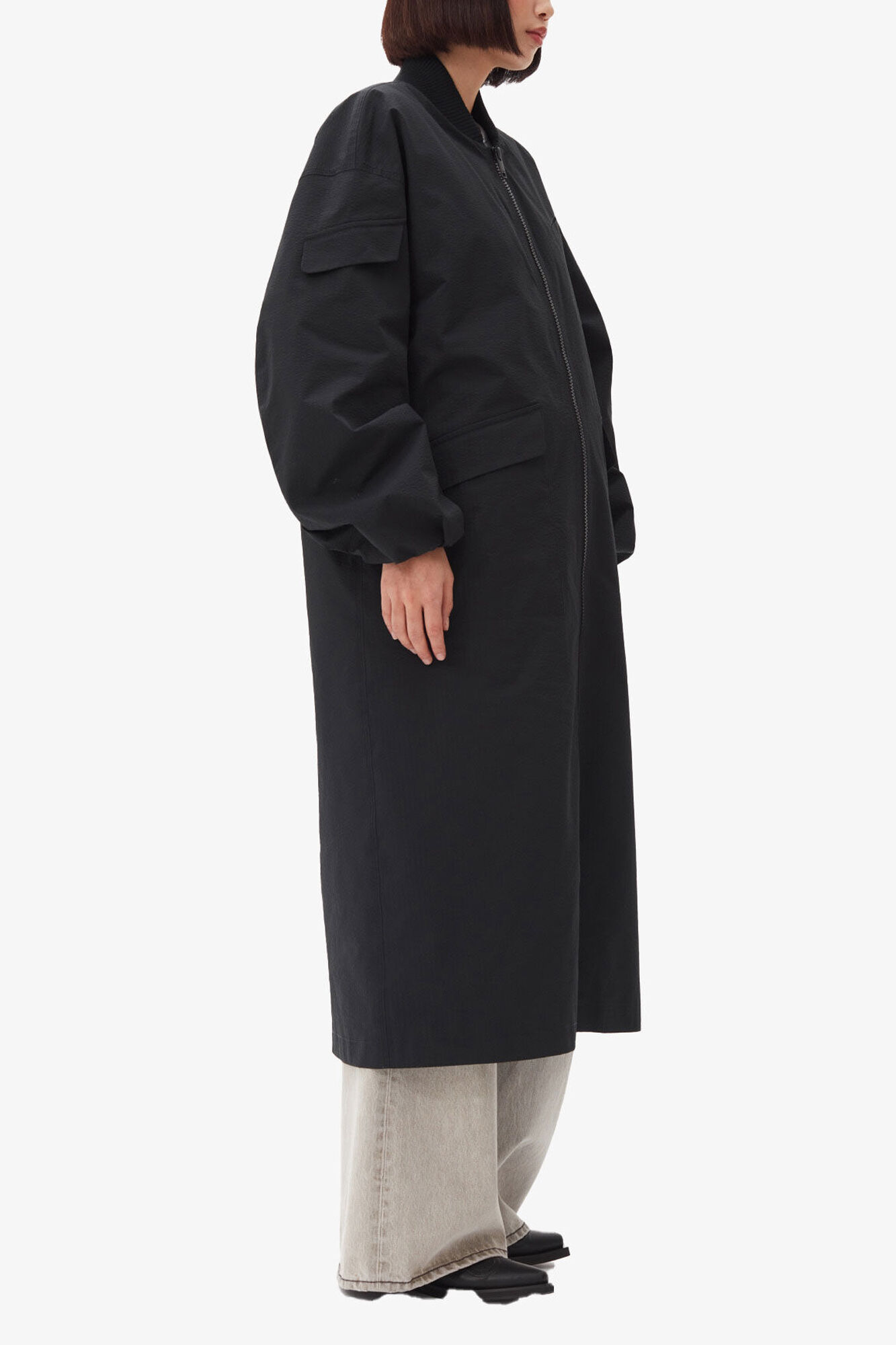 Black Tech Seersucker Oversized Shell Coat, Recycled Polyester, in colour Black - 3 - GANNI