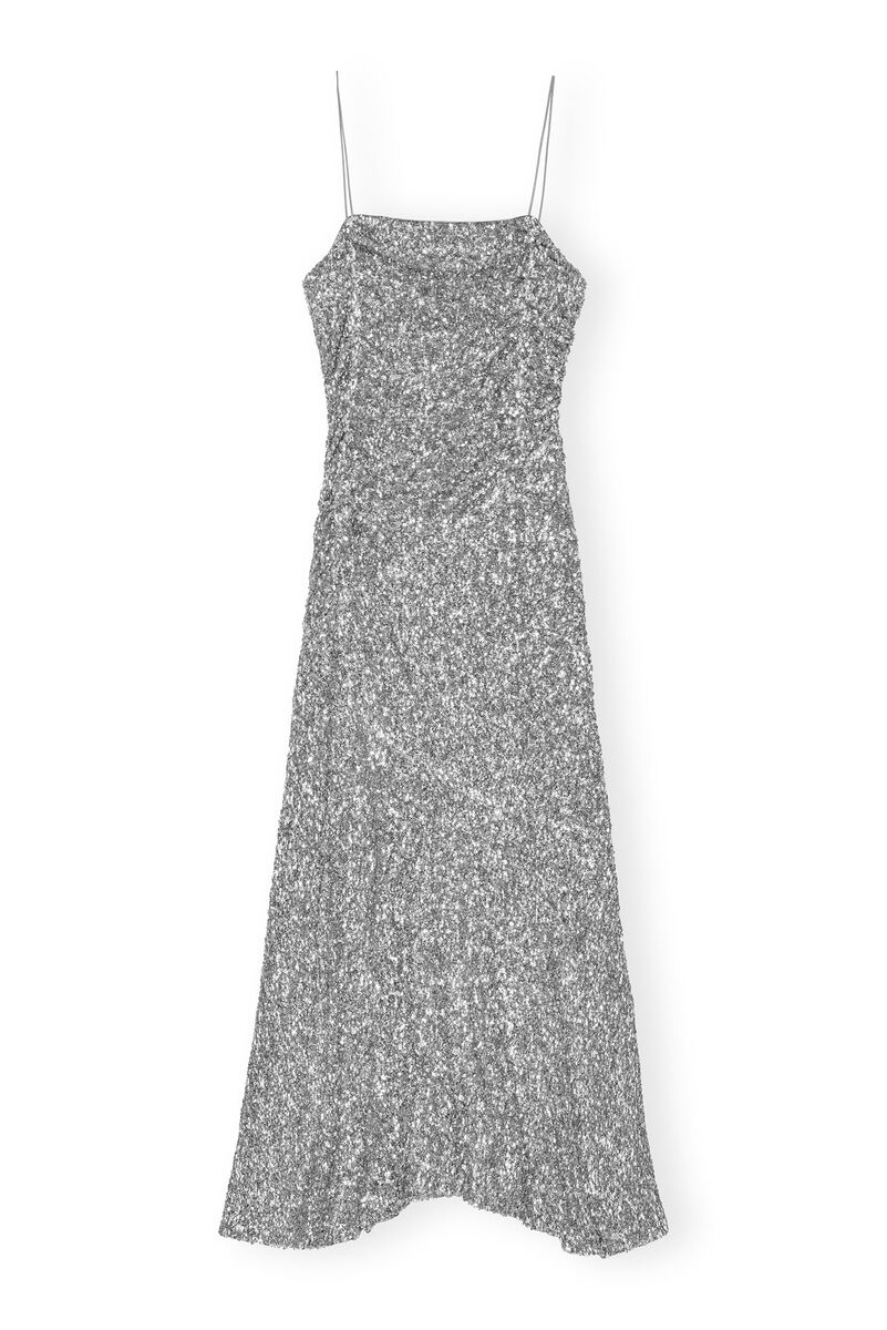 3D Sequins Long Slip Dress, Elastane, in colour Silver - 1 - GANNI