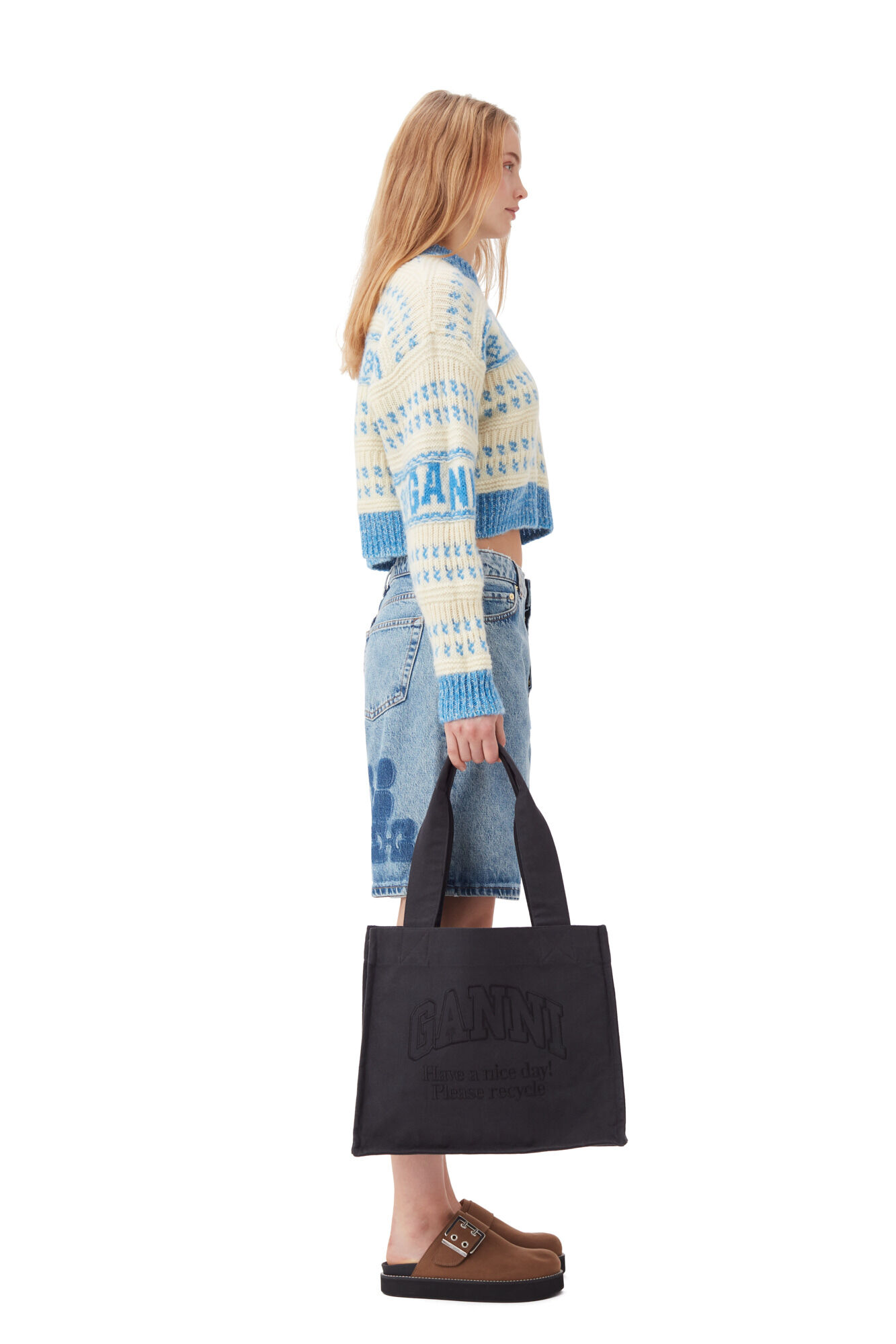 Ganni BLUE LARGE STRIPED CANVAS TOTE BAG