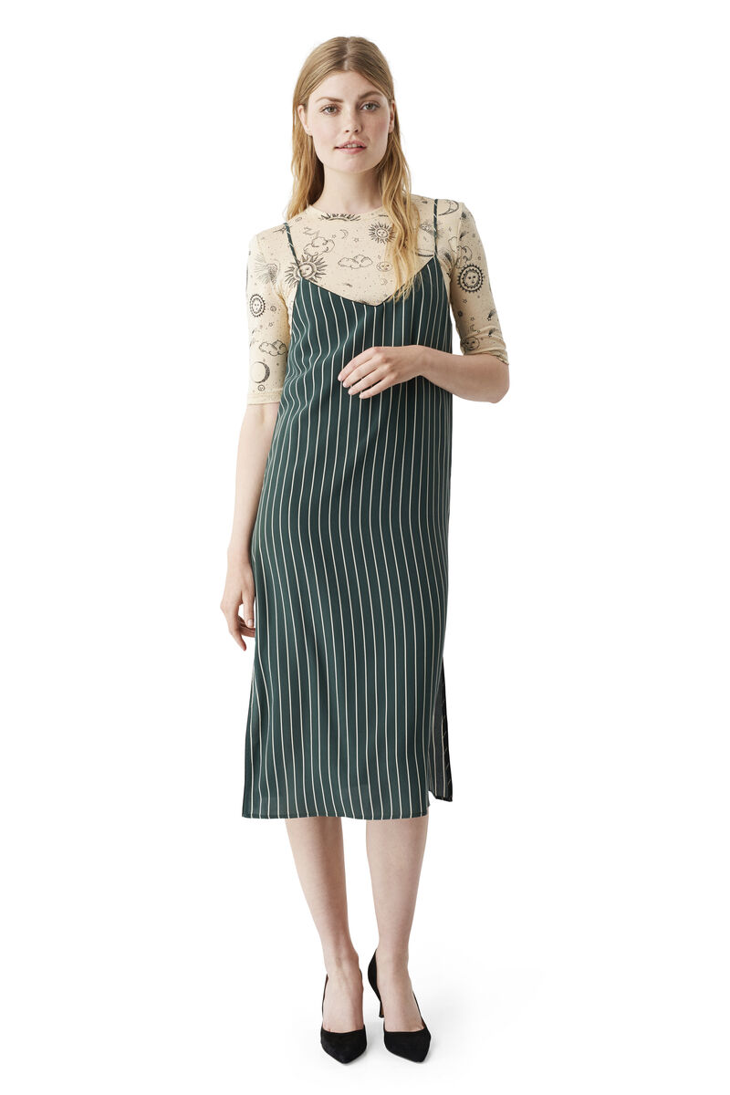 Elmira Silk Dress, in colour Pine Grove Stripe - 1 - GANNI