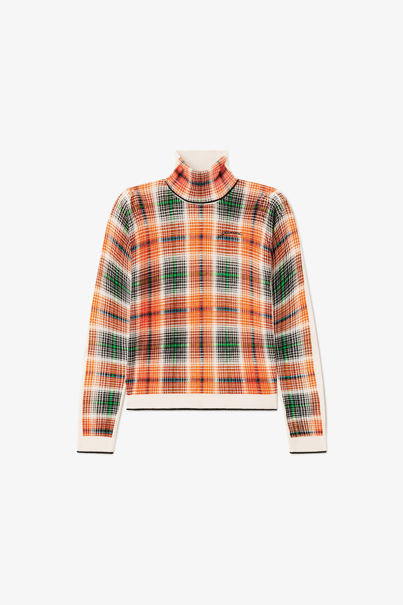 Turtleneck in Check Merino, Merino Wool, in colour Russet Orange - 1 - GANNI