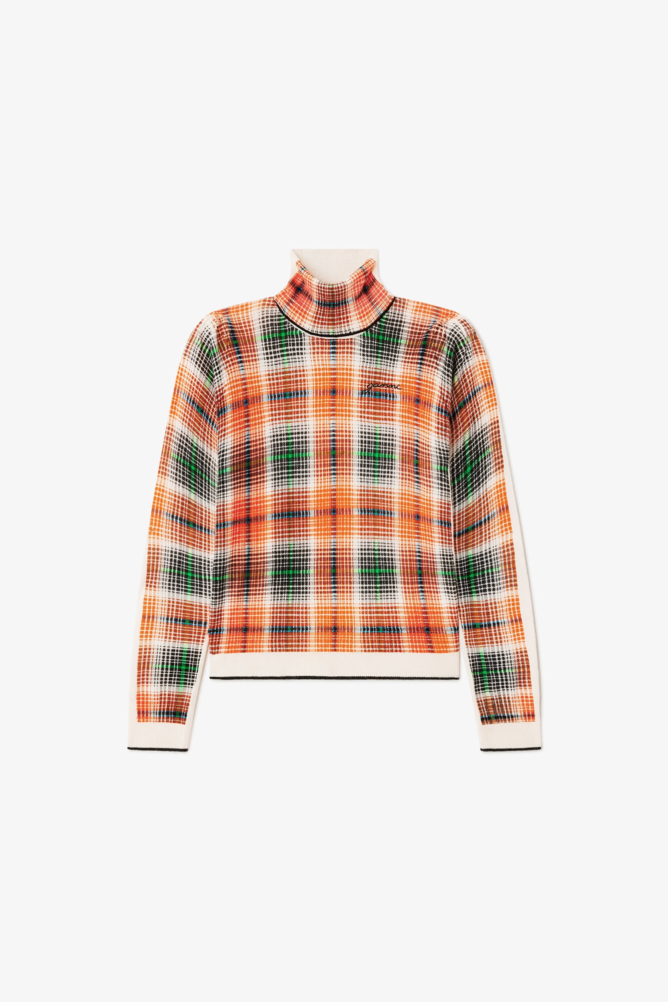 Turtleneck in Check Merino, Merino Wool, in colour Russet Orange - 1 - GANNI
