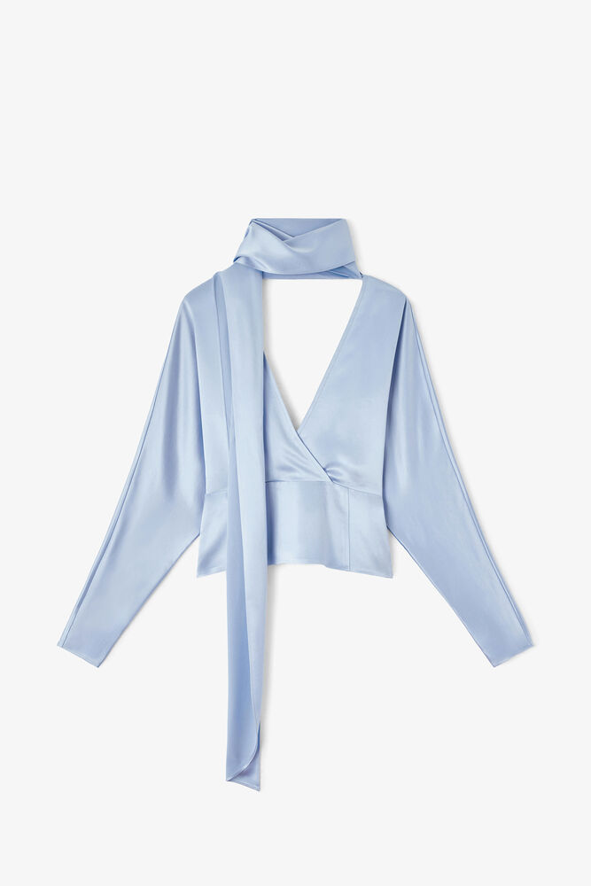 Blouse in Blue Satin, Soft Chambray