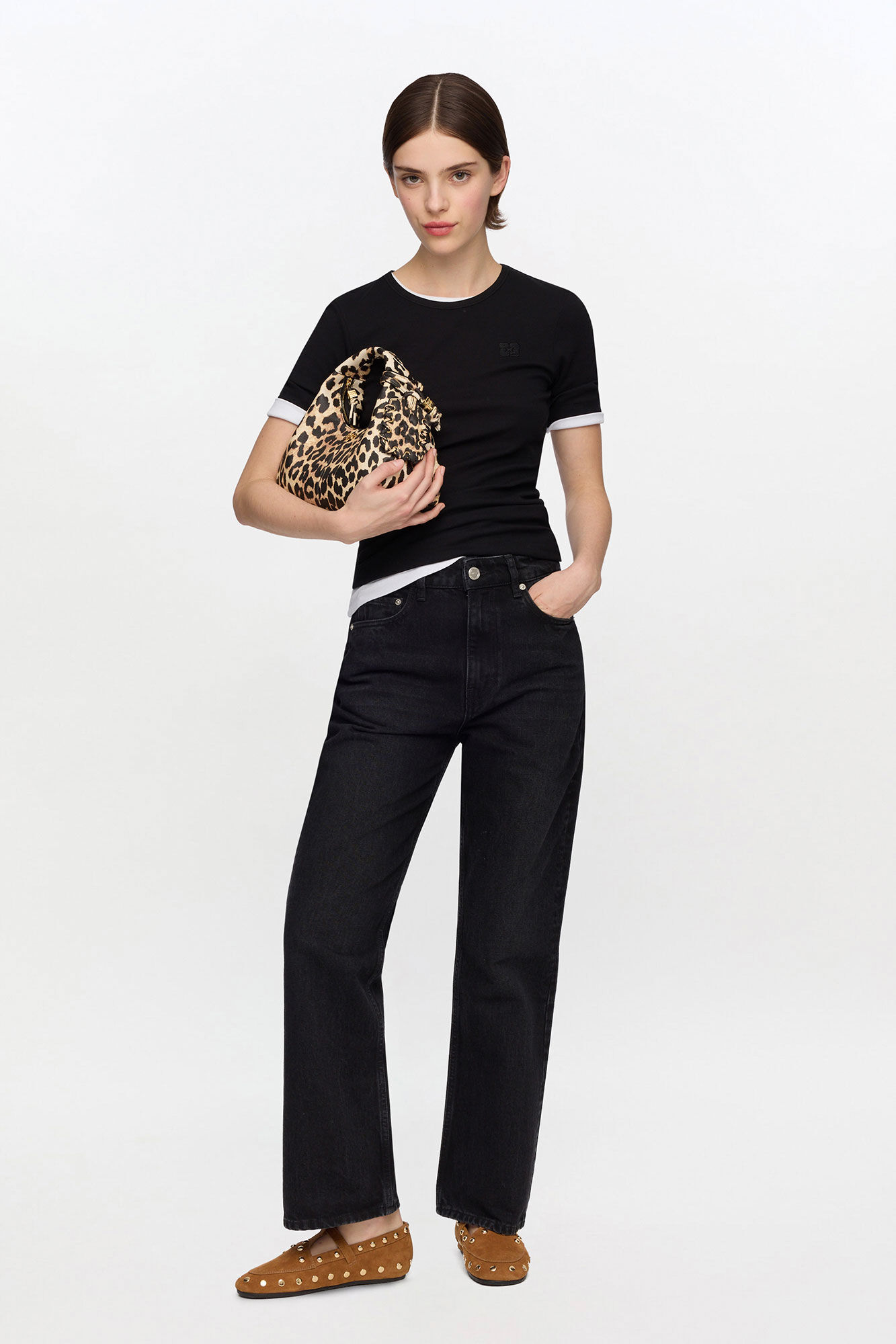 Black Soft Cotton Rib T-Shirt, Organic Cotton, in colour Black - 1 - GANNI