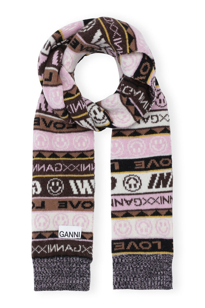 Graphic Wool Scarf, Recycled Polyamide, in colour Petrified Oak - 1 - GANNI