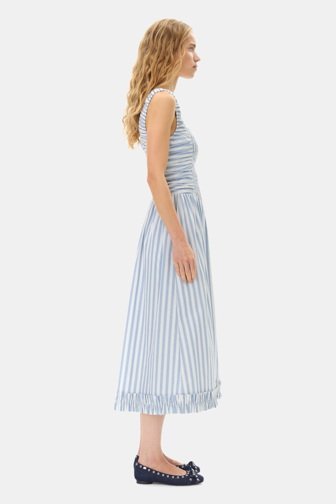 Blue Stripe Cotton Midi Strap Smock Dress, Cotton, in colour Egret - 3 - GANNI
