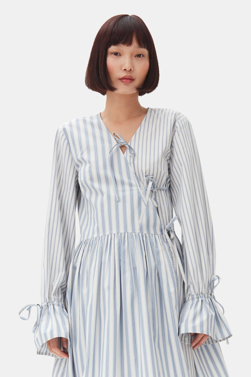 Blue Stripe Cotton Mini Wrap Dress, Cotton, in colour Egret - 3 - GANNI